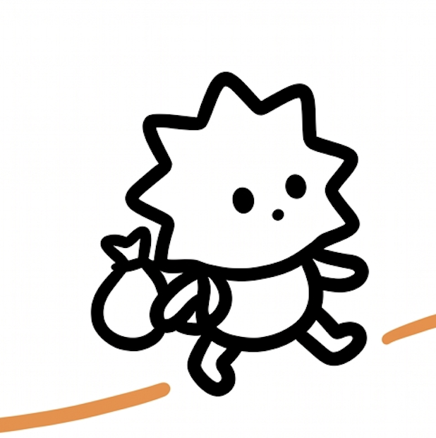 A simple, black-and-white line drawing of a cute, stylized cartoon character with spiky hair walking along an orange line, appearing to carry a small bundle.