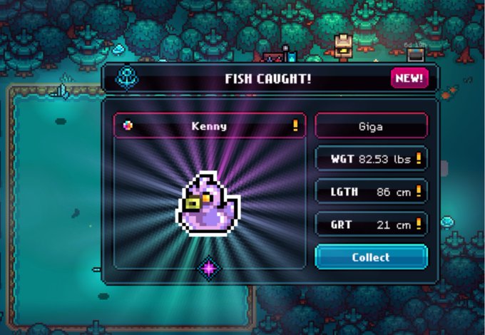 A pixel art video game screen displays a 'FISH CAUGHT!' notification featuring a purple fish named 'Kenny,' classified as 'Giga' with weight 82.53 lbs, length 86 cm, and girth 21 cm.