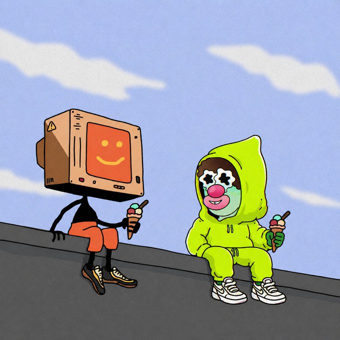 A cartoon illustration shows a smiling retro TV-headed character and a green-hooded figure with a clown-like face sitting on a ledge eating ice cream against a blue sky.