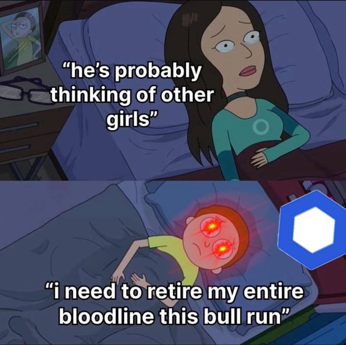 The image is a two-panel meme from Rick and Morty showing a woman worried in bed with text "he's probably thinking of other girls," while below, Morty lies in bed with glowing red eyes and the caption "i need to retire my entire bloodline this bull run," connecting to the post's urgent call to invest in $Link before a life-changing bull run.