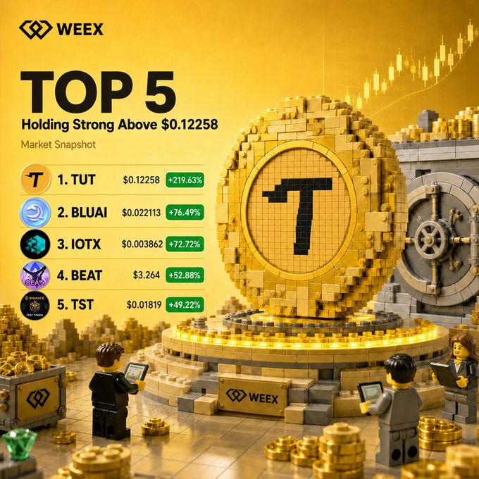 A WEEX promotional graphic titled "TOP 5 Holding Strong Above $0.12258" features a large gold block-style "T" coin on a pedestal with a candlestick chart backdrop, alongside a leaderboard ranking the top 5 gainers—TUT (+219.63%), BLUAI (+76.49%), IOTX (+72.72%), BEAT (+52.88%), and TST (+49.22%)—and small LEGO-style figures viewing the display, matching the post's market snapshot and call for users to comment their pick.