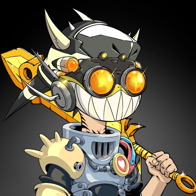 A stylized cartoon character with a sharp, grinning mouth wears dark goggles with glowing yellow lenses, a helmet with spikes, and mechanical armor, while holding a weapon over his shoulder.