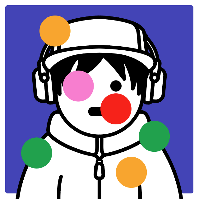 A cartoon-style illustration of a person wearing a white cap, hoodie, and headphones, with colored circles covering facial features and scattered around the figure against a purple background.