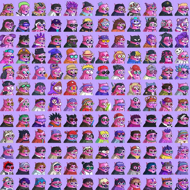 A 10x10 grid of 100 pixel-art NFT profile pictures featuring diverse, colorful hippo-like characters with various hats, sunglasses, and hairstyles on a purple background, representing the "10k Squad PFP universe" collection showcased for community members to identify their unique avatars.