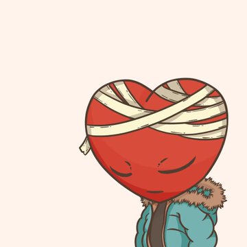 A cartoon illustration of a red heart character wrapped in bandages like a mummy, wearing a blue jacket, with closed eyes.