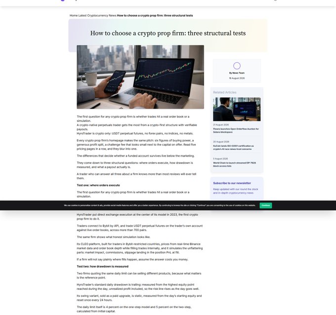 A webpage article titled 'How to choose a crypto prop firm: three structural tests' by News Team, dated August 2026, with a cookie consent banner at the bottom.