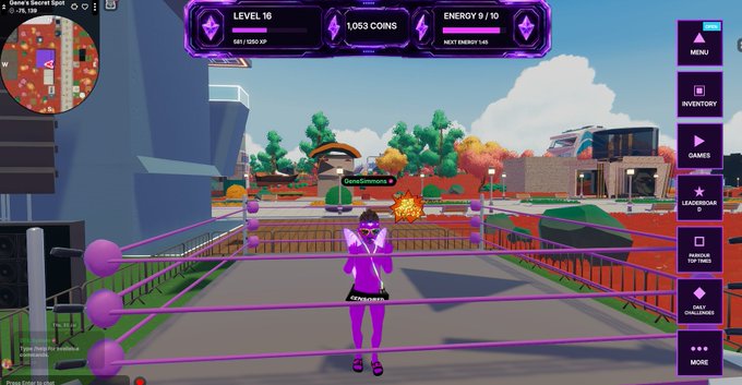 A screenshot from a 3D online game showing a pink-clad character standing in a fenced arena, with UI elements displaying 'LEVEL 10', '1,053 COINS', and 'ENERGY 9/10'.