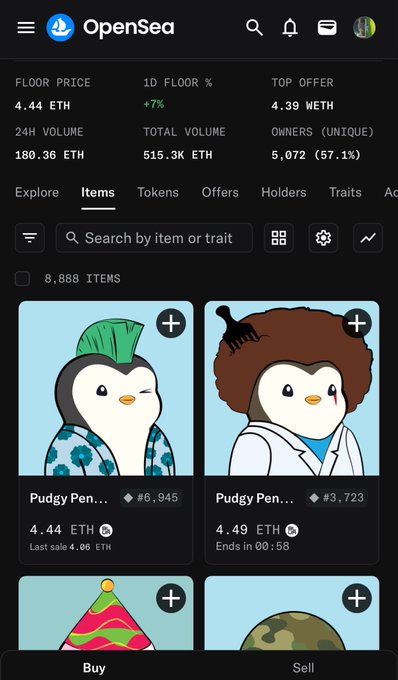 The image features a smartphone with an app display that showcases various virtual penguin characters, such as Puddly Pen and Pebbles. It appears there are multiple options available for purchasing these digital characters or using them as part of an activity on the app store. The text accompanying this display reads "Pudgy Pens leading the blue chip pump dont be surprised if this keeps happening", suggesting that users should not expect the same image to appear frequently in their app store browsing experience. This could indicate a marketing strategy, promoting the app or its characters more effectively by displaying multiple versions of the image with the app title and description prominently visible for users who engage with it.
