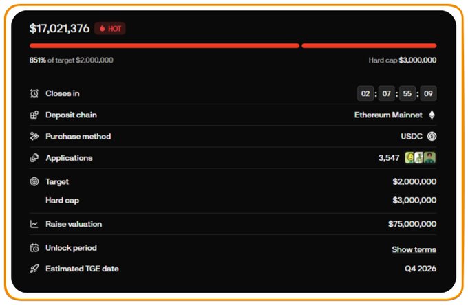 A cryptocurrency fundraising dashboard showing $17,021,376 raised (851% of target $2,000,000) with details like 'Ethereum Mainnet', USDC purchase method, and an estimated TGE date of Q4 2026.