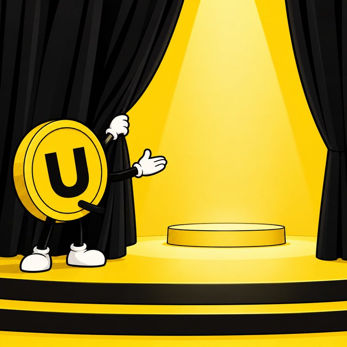 A personified gold coin mascot with a bold "U" pulls back a black theater curtain to reveal an empty spotlight-illuminated stage, humorously illustrating the claim of being "the first to tokenize nothing."