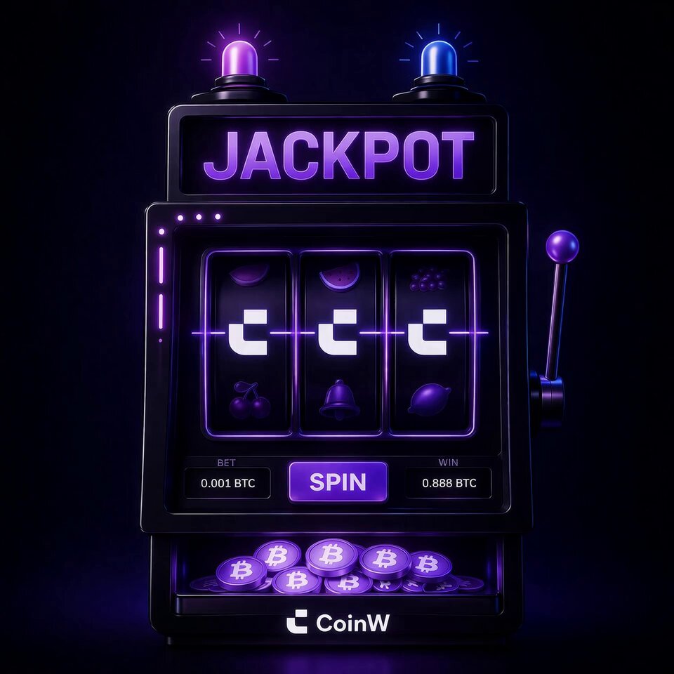 The image features a 3D rendering of a slot machine with purple lights, including a "jackpot" sign above it. The slot machine has three slots for coins, one of which is labeled "USDT", indicating that the jackpot could be in US dollars or another currency. The post about the jackpot seems to be promoting a giveaway, possibly related to cryptocurrency, as there are Bitcoin symbols and text present in the image.
