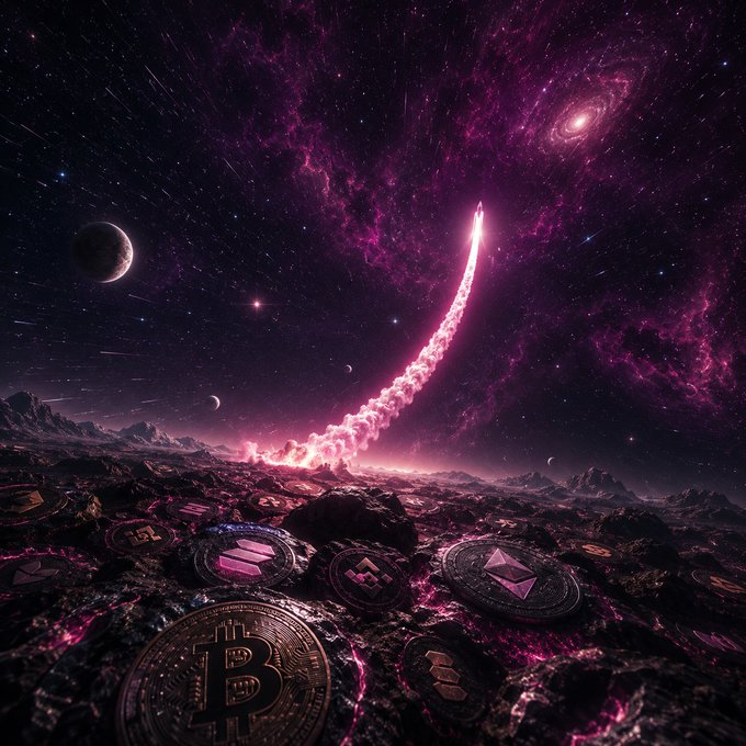 A digital artwork showing a cosmic scene with a pink/magenta nebula and a glowing comet-like trail, with cryptocurrency coins (Bitcoin, Ethereum, BNB, etc.) scattered across a rocky planetary surface.