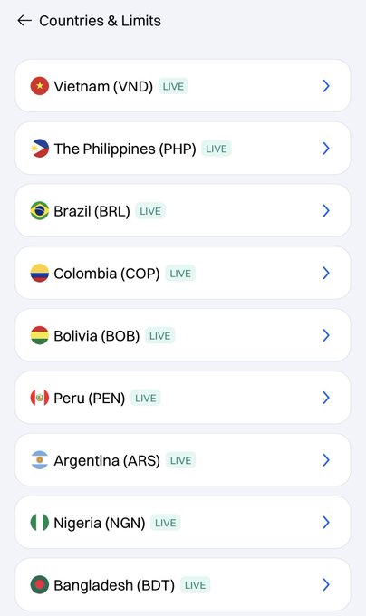 A mobile app screen titled 'Countries & Limits' listing supported countries with LIVE status, including Vietnam (VND), Philippines (PHP), Brazil (BRL), Colombia (COP), Bolivia (BOB), Peru (PEN), Argentina (ARS), Nigeria (NGN), and Bangladesh (BDT).