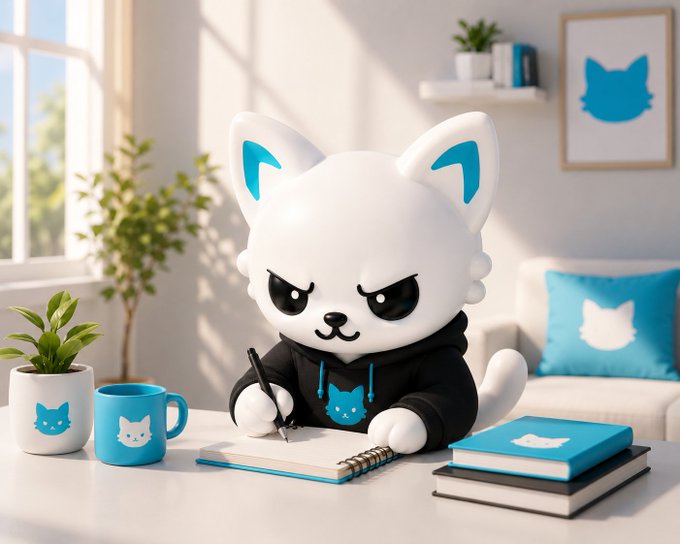 A white cartoon cat mascot with blue-tipped ears, wearing a black hoodie, sits at a desk writing in a notebook alongside a cat-branded mug and books. The cat's determined expression and "cooking up the next move" theme visually reinforce the idea of planning or strategizing, fitting the MOEW branding shown on the mug, pillow, and wall art.