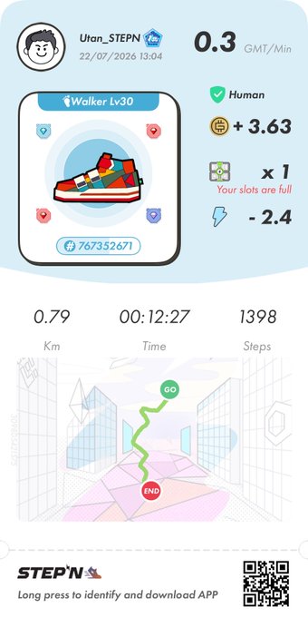 A STEPN move-to-earn app screenshot showing user 'Utan_STEPN' with a 'Walker Lv30' sneaker NFT, displaying stats of 0.79 Km, 00:12:27 time, 1398 steps, and earnings of +3.63 GMT.