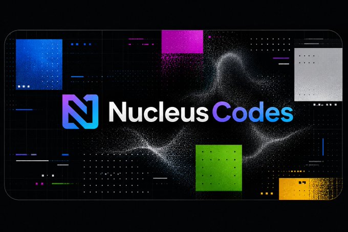 A sleek, dark banner displays the "NucleusCodes" brand name in bold white and blue text next to a stylized "N" logo, with a dynamic backdrop of colorful geometric squares (blue, magenta, green, orange) and scattered particle effects. The accompanying text highlights NucleusCodes' role in Web3 as a platform that transforms onchain activity into a meaningful reputation, which the vibrant, digital-themed banner visually reinforces.