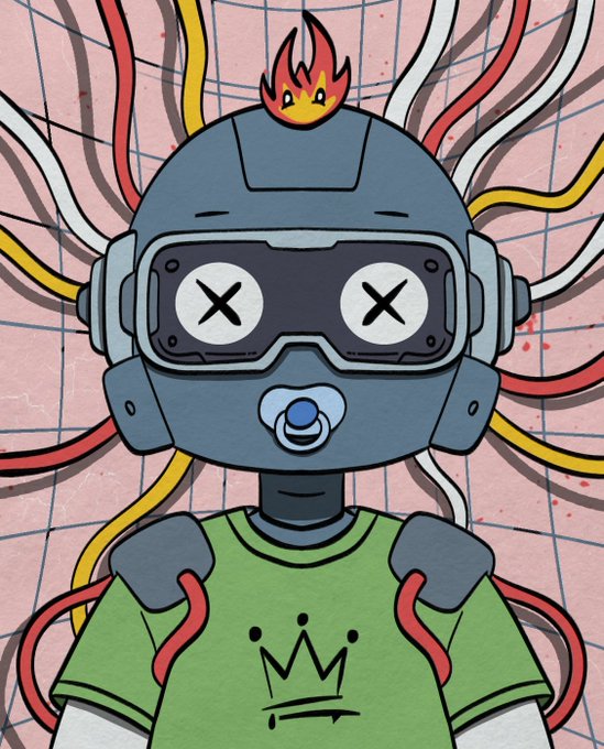 An illustration of a cartoonish robot with X-shaped eyes wearing a green shirt with a crown logo, sporting colorful wires and a small flame on its head.