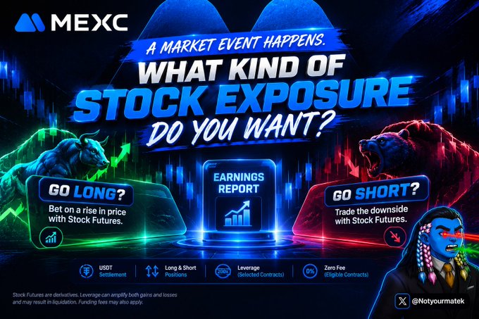This MEXC promotional graphic asks "A market event happens. What kind of STOCK EXPOSURE DO YOU WANT?" and illustrates the concept of trading stock futures in both directions ahead of an earnings report. It features a green bull on the left labeled "GO LONG? Bet on a rise in price with Stock Futures" and a red bear on the right labeled "GO SHORT? Trade the downside with Stock Futures," with an "EARNINGS REPORT" centerpiece. Bottom icons highlight key benefits: USDT Settlement, Long & Short Positions, Leverage (Selected Contracts), and Zero Fee (Eligible Contracts), with the handle @Notyourmatek and a disclaimer noting that stock futures are derivatives where leverage can amplify gains and losses.