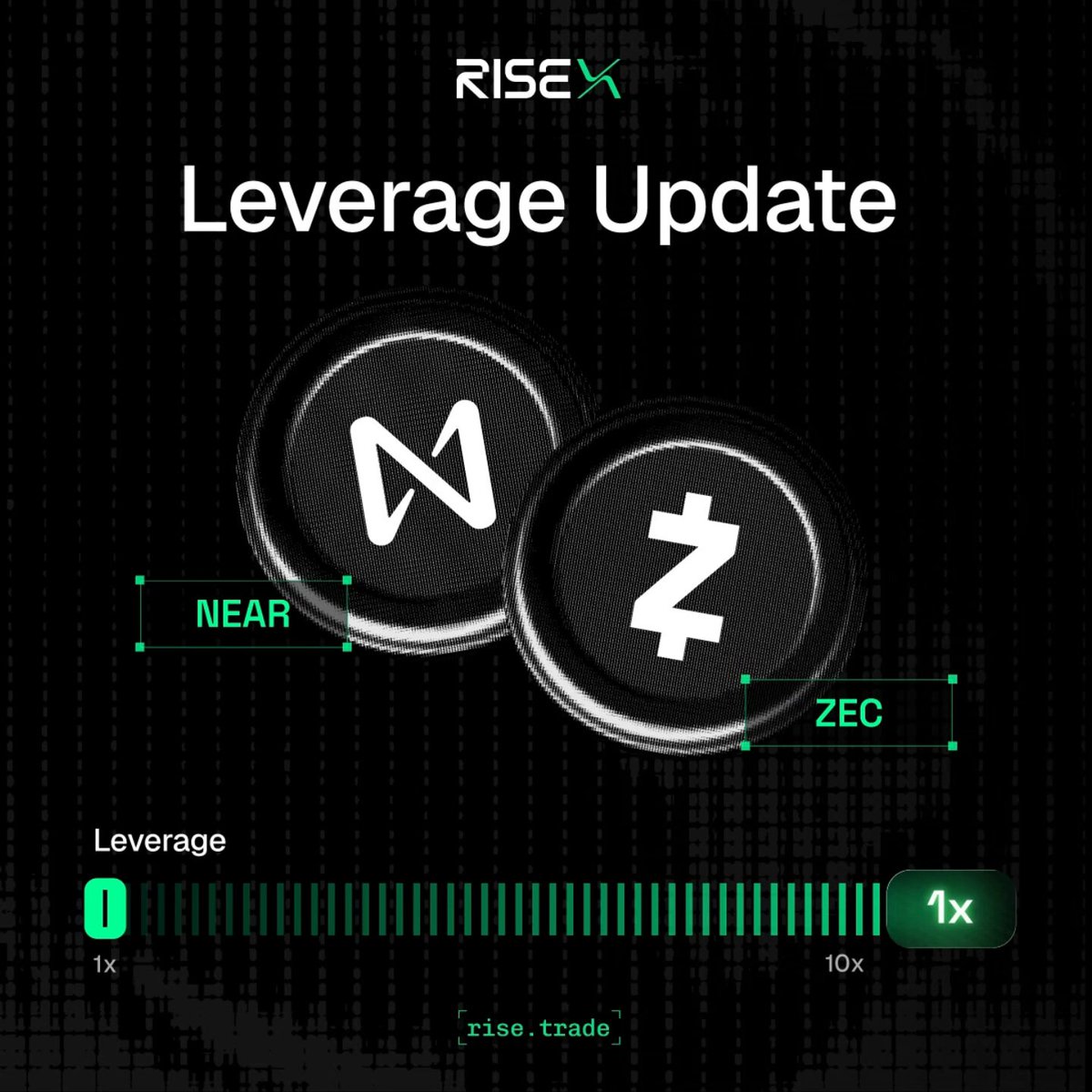 The image features a trade update for two cryptocurrency coins, $ZEC and $NEAR. The coins are depicted with two black circles representing their logos against a green background. The text above and below this image indicates that "LEVERAGE Update" has been introduced, which has increased the leverages of these two coin types to 10x! This means that when trading, you will experience ten times the gains or losses compared to previous trades with lower leverage settings. Now, take a closer look at how the coins are positioned and consider whether they would be beneficial to trade in this current environment.