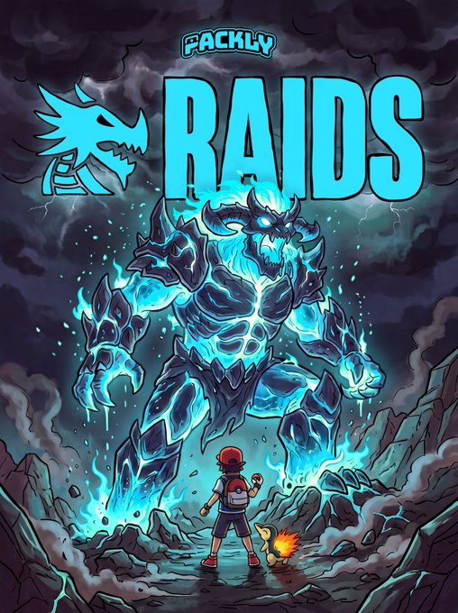 Gaming artwork titled "FACKLY RAIDS" depicting a trainer with a Pikachu-like creature facing a large, glowing blue ice-type monster.