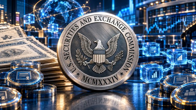A digital illustration featuring the U.S. Securities and Exchange Commission (SEC) seal with Roman numerals MCMXXXIV, surrounded by U.S. dollar bills, digital blockchain cubes, and cryptocurrency symbols.