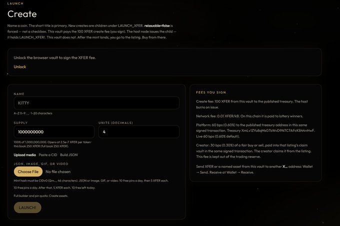 A dark-themed interface for launching a new coin called 'KITTY' on the LAUNCH_XFER platform, showing supply details and a 'LAUNCH' button.