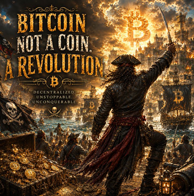 A pirate-themed Bitcoin propaganda illustration with the text 'BITCOIN NOT A COIN. A REVOLUTION. DECENTRALIZED. UNSTOPPABLE. UNCONQUERABLE,' depicting a pirate with a sword amidst pirate ships and treasure chests of Bitcoin.