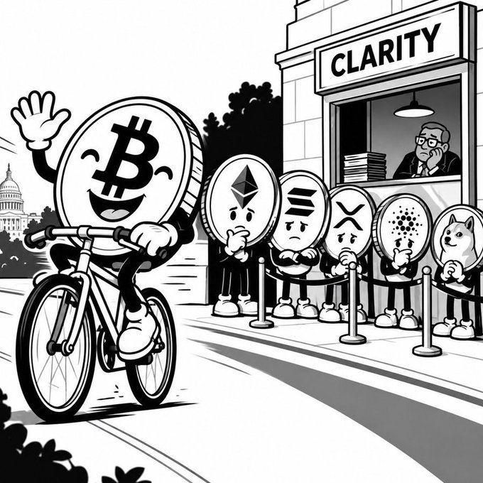A cheerful Bitcoin character rides away on a bicycle, waving goodbye, while Ethereum, Solana, XRP, Cardano, and Dogecoin stand in line looking frustrated outside a "CLARITY" booth where a bored regulator sits with stacks of paperwork, illustrating how Bitcoin continues to move forward unimpeded by regulatory uncertainty while altcoins wait their turn.