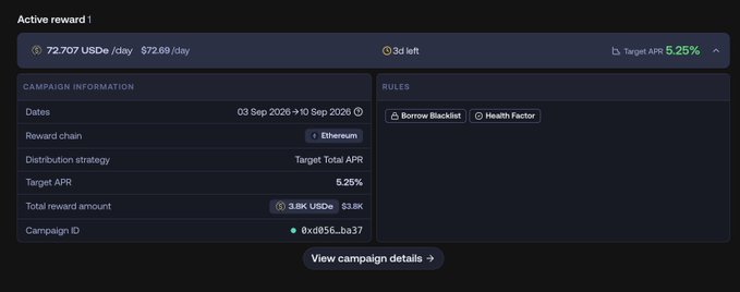 Screenshot of an active reward campaign showing '72.707 USDe / day' with a target APR of 5.25%, running from '03 Sep 2026 + 10 Sep 2020' on the Ethereum chain.