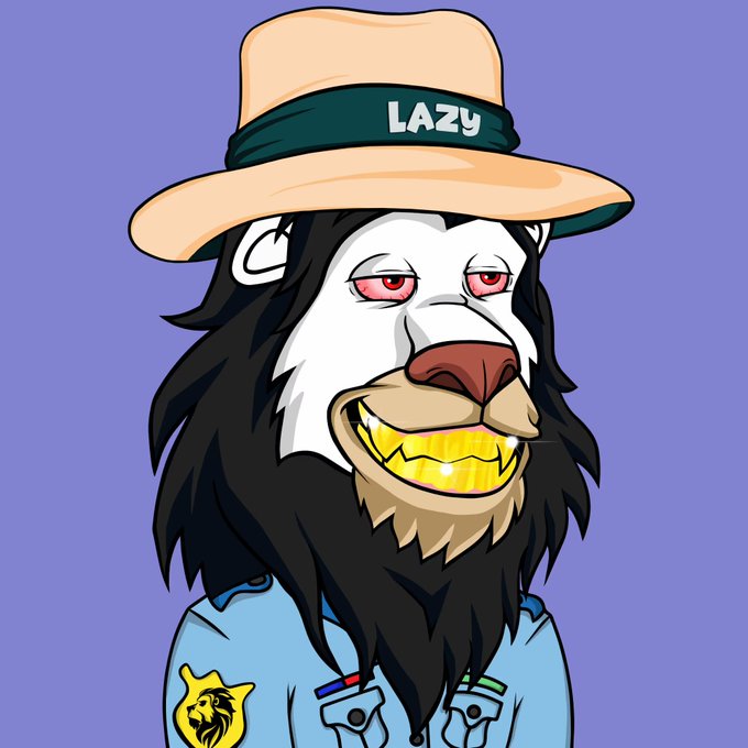 An illustration of an anthropomorphic lion character with a black mane, gold teeth, and a wide smile, wearing a hat labeled 'LAZY' and a light blue shirt with a lion badge.