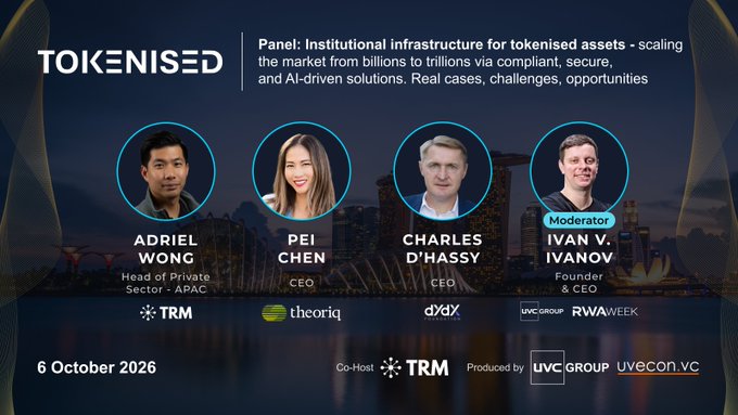 A panel announcement for the "Institutional infrastructure for tokenised assets" discussion at Tokenised Global on October 6, 2026, featuring speakers Adriel Wong (TRM, Head of Private Sector - APAC), Pei Chen (Theoriq, CEO), and Charles D'Hassy (dYdX, CEO), moderated by Ivan V. Ivanov (UVC Group/RWA Week Founder & CEO), co-hosted by TRM and produced by UVC Group.