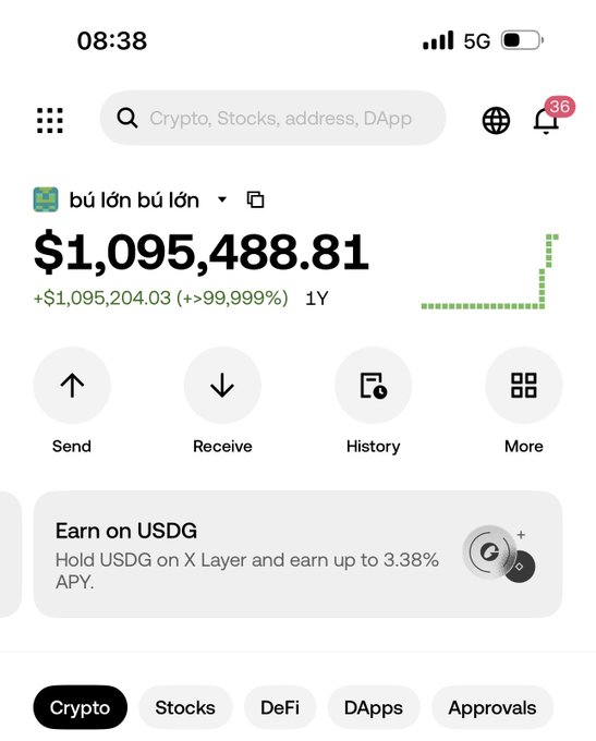 A mobile screenshot of a crypto wallet app displaying a portfolio balance of $1,095,488.81, with a gain of +$1,095,204.03 (>99,999%) over 1 year, alongside Send, Receive, History, and More options.
