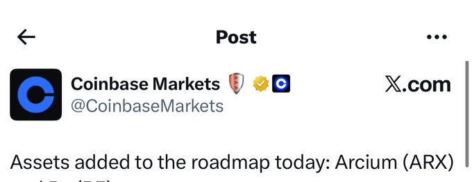 The text "coinbase markets is posted today" and an image of a URL, specifically "www.coinbasemarkets.com/x-com", are shown in the image. The caption suggests that ARX (Arrow X) is coming to coinbase shortly.