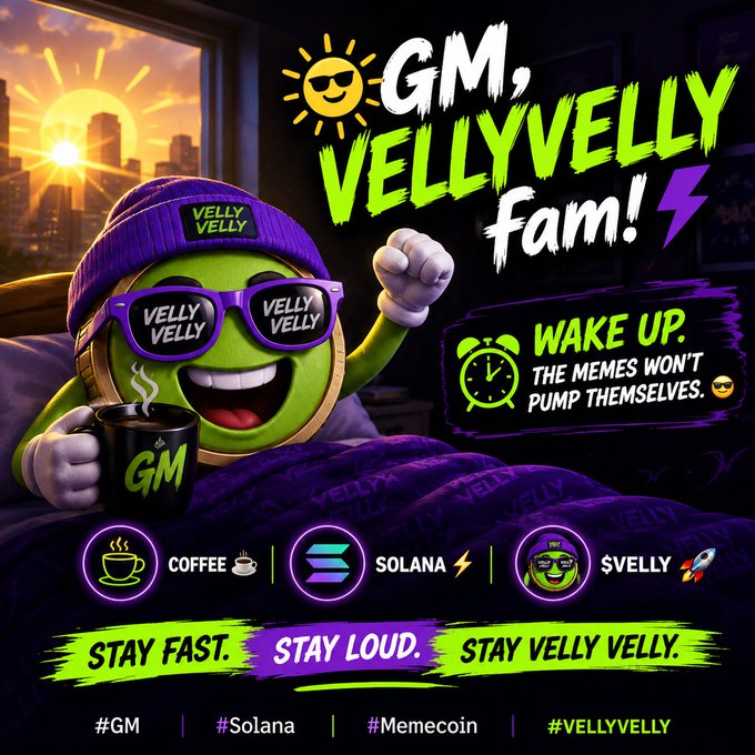 A cartoon green coin mascot wearing a purple "VELLY VELLY" beanie and sunglasses holds a steaming "GM" mug while raising a fist, accompanied by bold neon text reading "GM, VELLYVELLY fam!" and "WAKE UP. THE MEMES WON'T PUMP THEMSELVES." The image visually reinforces the post's Solana memecoin hype, tagging the $VELLY ticker alongside icons for Coffee and Solana, and slogans "STAY FAST. STAY LOUD. STAY VELLY VELLY." with hashtags #GM, #Solana, #Memecoin, and #VELLYVELLY.