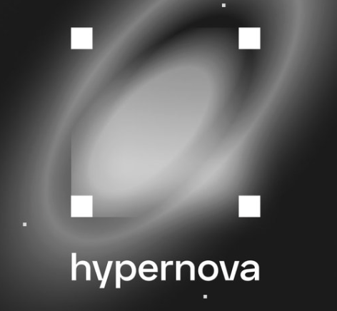 The image features a logo for a company named Hypernova. The logo consists of four white squares arranged in a square formation, with each square containing a small white circle within it. The background color of the logo is black, which contrasts with the white elements of the design. Below the logo, there's text that reads "Hypernova" and "Pre-Registration", indicating that this is an early access promotional post for the company.