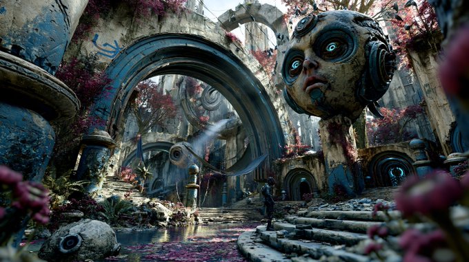 A surreal landscape featuring ancient ruins overgrown with pink foliage, dominated by a giant floating head wearing headphones and an archway.