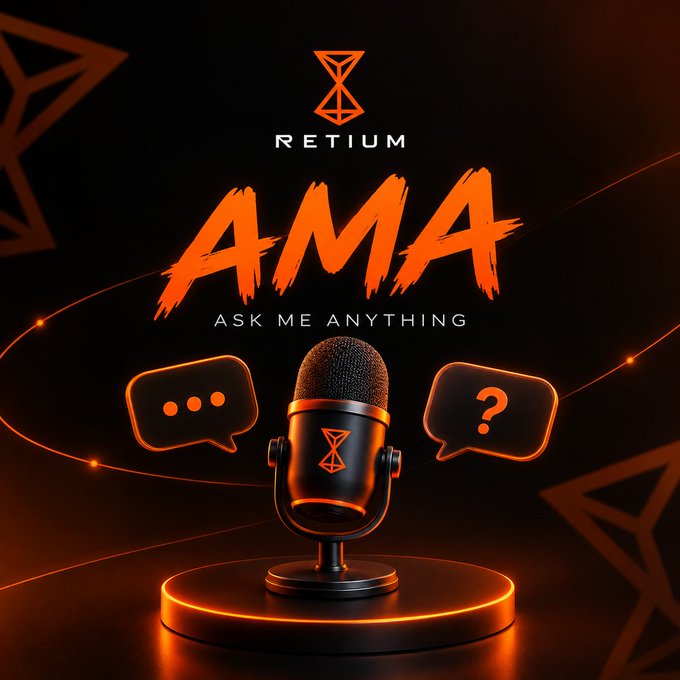 Promotional graphic for a 'RETIUM' 'AMA' (Ask Me Anything) event, featuring a black and orange microphone on a podium surrounded by chat bubbles.