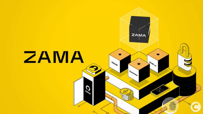 The image features the Zama logo prominently displayed on the left against a bright yellow background, with an isometric illustration on the right showing interconnected blocks labeled "Relayer," "Gateway," "Decrypt," "Concensus," and "Zama," along with a padlock symbol and coins, visually representing Zama's blockchain-based privacy infrastructure. The visual elements align with the post's description of Zama as a Fully Homomorphic Encryption (FHE) protocol built on top of existing blockchains like Ethereum, emphasizing its layered, privacy-focused architecture rather than a standalone coin.