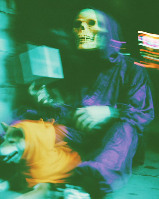 The image features a skeleton costume with a hood, holding a gift box or present. A dog wearing an orange shirt can be seen sitting next to the skeleton. The background includes neon lights that create a vibrant atmosphere.