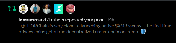 A social media repost notification showing that 'lamrtutut and 4 others reposted your post,' referencing '@THORChain is very close to launching native $XMR swaps' as a decentralized cross-chain on-ramp for privacy coins.