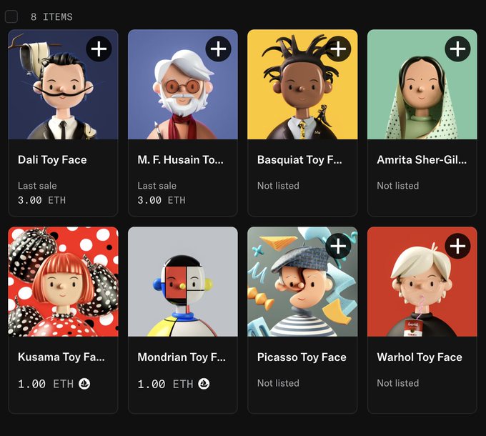 A digital marketplace displays 8 artist-inspired NFT collectibles including "Dali Toy Face," "M. F. Husain Toy Face," "Basquiat Toy Face," "Amrita Sher-Gil...," "Kusama Toy Face," "Mondrian Toy Face," "Picasso Toy Face," and "Warhol Toy Face," priced in ETH.