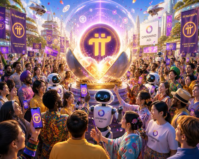 A vibrant, futuristic scene shows a diverse crowd celebrating around a glowing Pi Network symbol and friendly "OPENMIND AGI" robots, with banners reading "Pi Network" and "A NEW ECONOMY BUILT BY US." The image visually supports the post's message by depicting a thriving community united around Pi's real-world financial and technological ecosystem—contrasting the meme coin and market hype distractions the post criticizes.