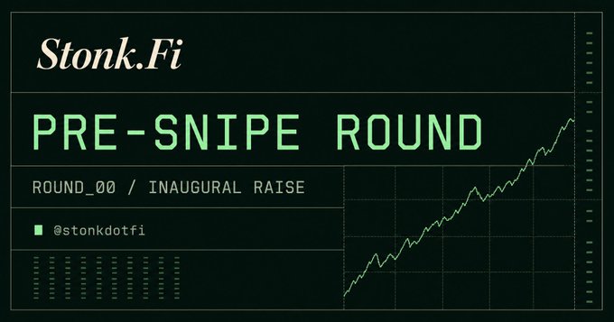 A promotional graphic for Stonk.Fi announces the "PRE-SNIPE ROUND," labeled "ROUND_00 / INAUGURAL RAISE," with a rising line chart and the handle @stonkdotfi. The image visually reinforces the post's announcement of launching a 24-hour pre-snipe investment round after passing multiple audits.