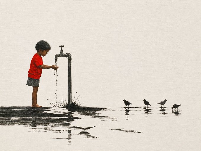 A watercolor-style painting depicting a young boy in a red shirt standing barefoot by a water pump, watching four small birds wade in the shallow water.