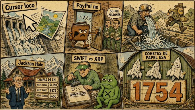 A comic-style image with six panels featuring Spanish text including 'Cursor loco', 'PayPal no', '53 MIL MILLONES', 'Jackson Hole', 'SWIFT vs XRP', and 'COHETES DE PAPEL ESA 1754'.