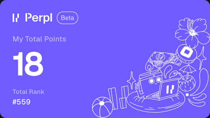 A purple 'Perpl Beta' app screen displays 'My Total Points: 18' and 'Total Rank #559,' decorated with white line-art illustrations of a hibiscus flower, a palm tree, and beach-themed items.