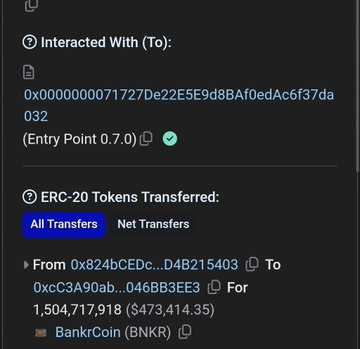 A blockchain transaction screenshot showing a transfer of 1,504,717,918 BNKR tokens (~$473,414.35) from one address to another, with the post suggesting this transaction represents a potential exploit of BankrBot that resulted in 1.5 billion $BNKR tokens being siphoned and dumped for approximately $340K-$473K.