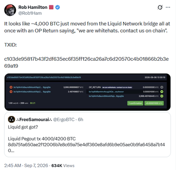 A tweet from Rob Hamilton (@RobHam) reporting that ~4,000 BTC moved from the Liquid Network bridge with an OP Return message 'we are whitehats. contact us on chain,' including a transaction ID and embedded images.
