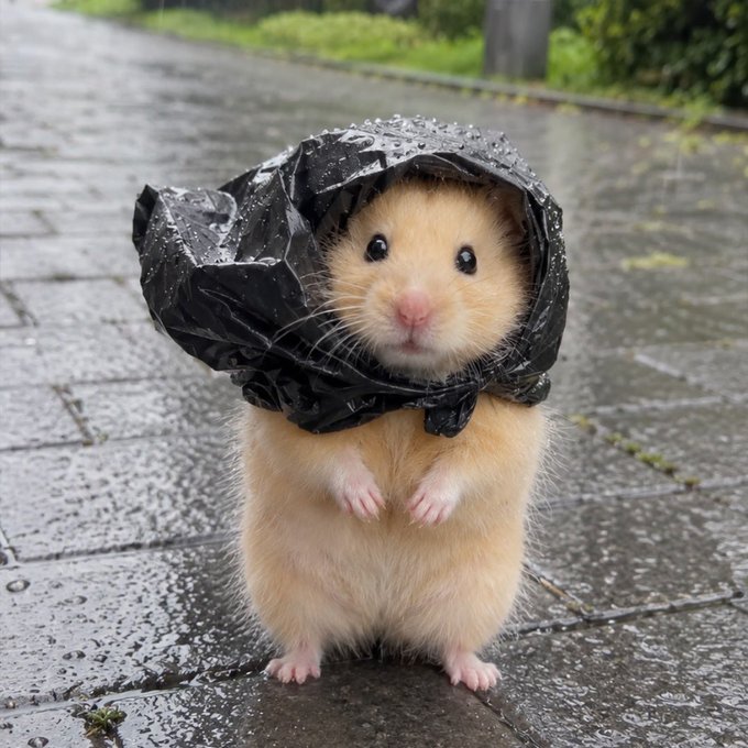 A small, light-brown hamster standing on wet pavement, wearing a crinkled black plastic bag over its head like a makeshift rain hood.