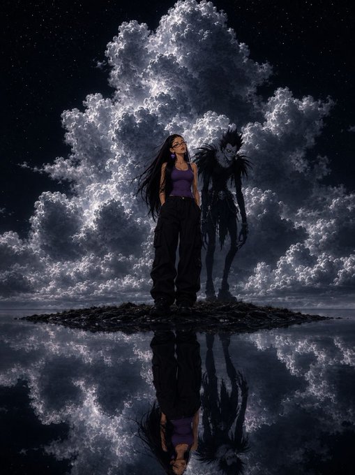 A digital artwork featuring a person standing next to a dark, monstrous figure on a small island, with dramatic clouds and their reflections in the water below.